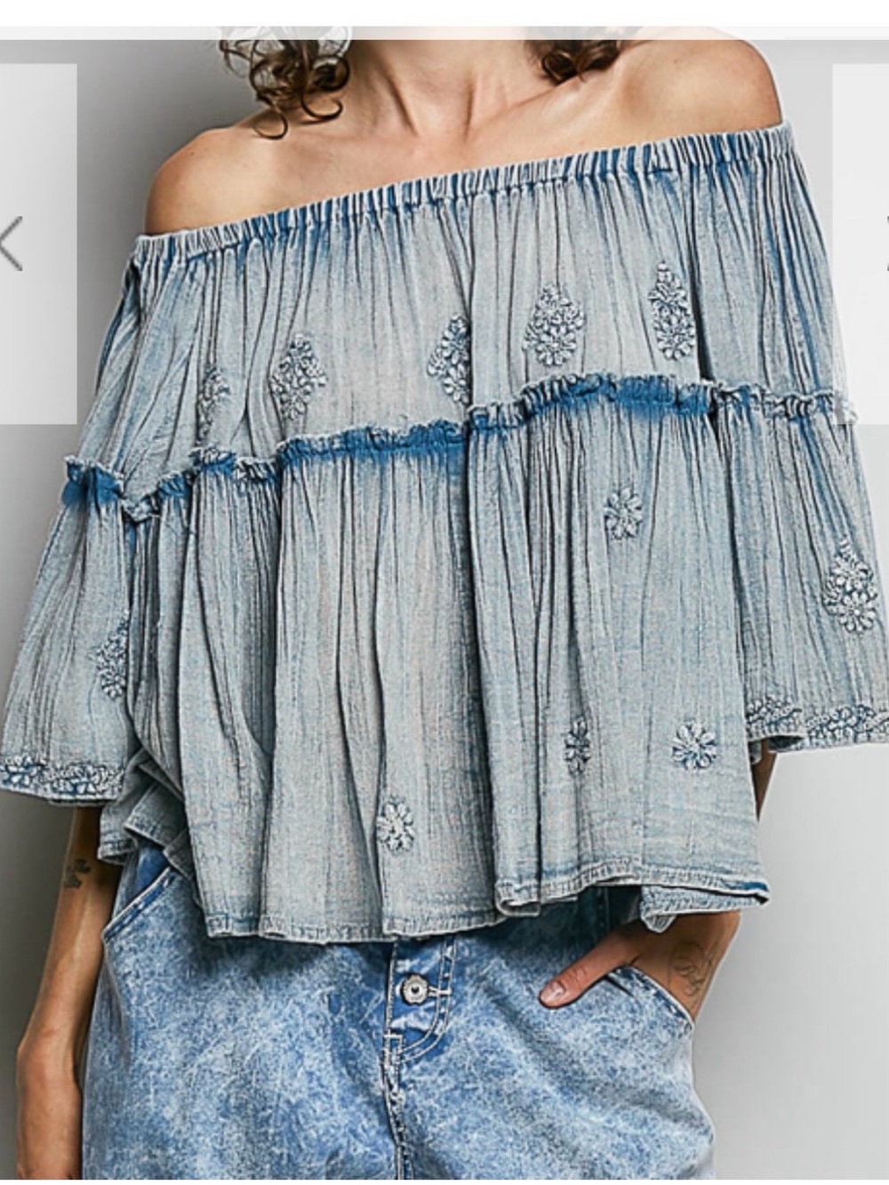 POL Powder Blue Embroidered Off-Shoulder Blouse Medium - Picture 3 of 3